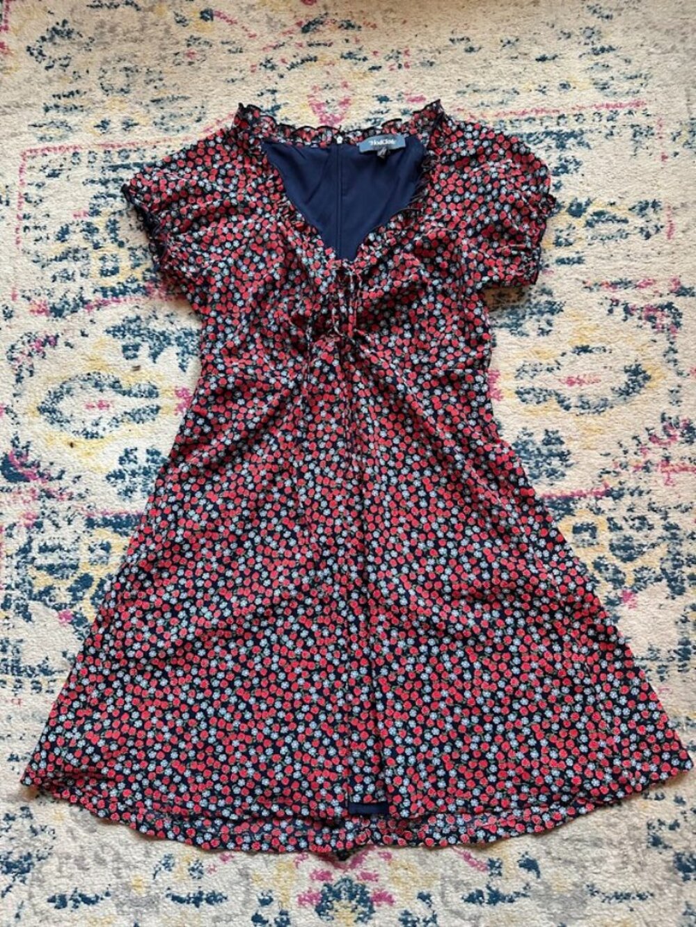 ModCloth Navy Strawberry Short Sleeve Cottagecore Mini Dress Bow Ruffle - Med